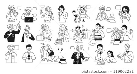 Diverse people using smartphones and computers icons set 119002281