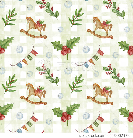 Watercolor seamless pattern of handmade Christmas decorations, rocking horses, flags, holly, berries. A pattern with vintage Christmas decorations, toys and decor, striped watercolor background. Watercolor seamless pattern of handmade Christmas decorations, rocking horses, flags, holly, berries. A pattern with vintage Christmas decorations, toys and decor, striped watercolor background. 119002324