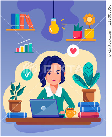 Virtual work of a girl on a laptop in a cozy office Virtual work of a girl on a laptop in a cozy office 119002350