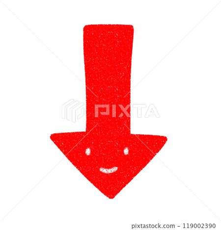 Cute hand-drawn illustration of a smiling arrow pointing down 119002390