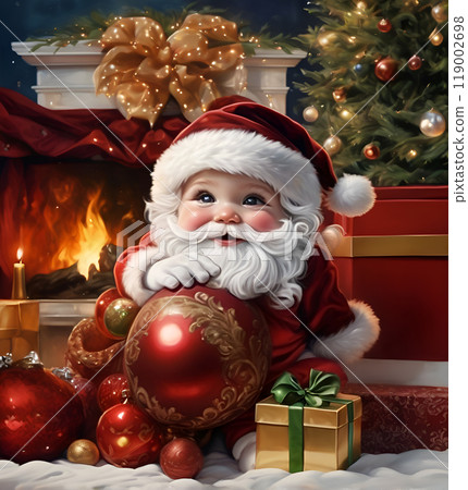 stunning Christmas  scene  with cutest  baby-Santa Claus  with Christmas tree and gifts. Ai generated in paint style 119002698