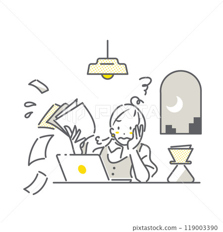 一位對報稅表感到壓力的自營職業女性,簡單而時尚的線條畫插圖。 一位對報稅表感到壓力的自營職業女性,簡單而時尚的線條畫插圖。 119003390
