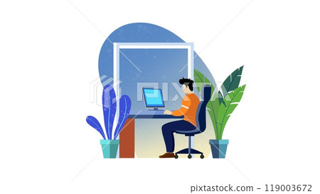 Working from home freelancer person sitting on table desk, Home Office With Employee Working On Desktop Computer Sitting On Chair, A programmer is working on the next big thing, online meeting 119003672