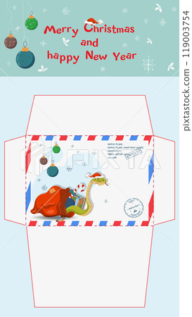 A postal envelope for Santa Claus a symbol of the new year a snake crawls out of a bag of gifts 119003754