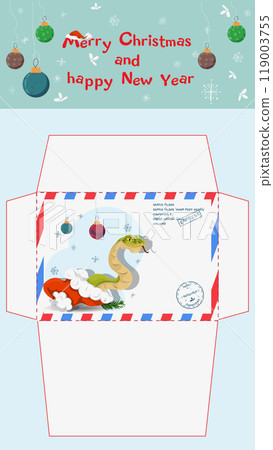 A postal envelope for Santa Claus a symbol of the new year a snake crawls out of Santas hat A postal envelope for Santa Claus a symbol of the new year a snake crawls out of Santas hat 119003755