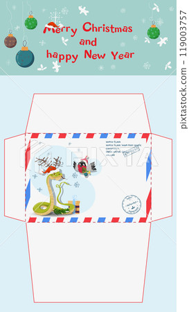 A postal envelope for Santa Claus a symbol of the new year a snake looks at a bird carrying a branch of a fir tree 119003757