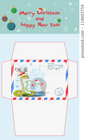 A postal envelope for Santa Claus a symbol of the new year a snake with a glass ball 119003758