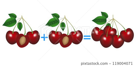 Action relationship of addition, example with cherries. Educational game for children. 119004071
