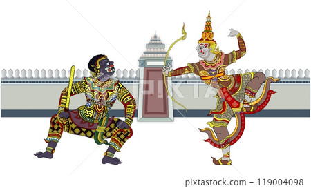 Ravana is shooting arrows against soldiers in the Ramayana, Happy Dussehra, Happy Dussehra festival of India, Lord Krishna, Hindu god, Mahabharata warrior, Ancient painted fresco, Ravana mask crown Ravana is shooting arrows against soldiers in the Ramayana, Happy Dussehra, Happy Dussehra festival of India, Lord Krishna, Hindu god, Mahabharata warrior, Ancient painted fresco, Ravana mask crown 119004098