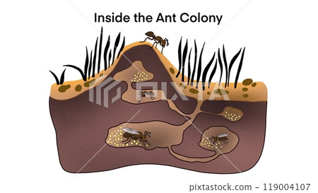 Ant colony living underground, Cartoon anthill colony at soil, insects in formicary consisting of tunnels and chambers, biological education, Ants in ant hill tunnels beneath, ant nest Ant colony living underground, Cartoon anthill colony at soil, insects in formicary consisting of tunnels and chambers, biological education, Ants in ant hill tunnels beneath, ant nest 119004107