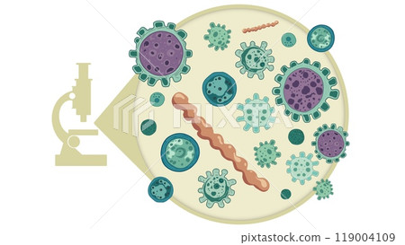 Many microbes under a microscope close up for education, molecular cells and bacterium colony, Macro medicine microbes, Bacterial immune, lab microscope to magnify bacteria size under the lens Many microbes under a microscope close up for education, molecular cells and bacterium colony, Macro medicine microbes, Bacterial immune, lab microscope to magnify bacteria size under the lens 119004109