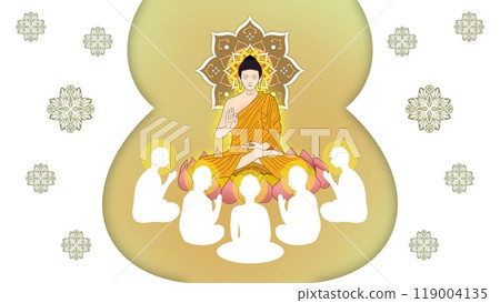 Lord of Buddha sermon to five ascetics and was enlighten become first monk of Buddhism, silhouette design, The Buddha preached His first sermon to the five monks, buddha delivering teachings 119004135