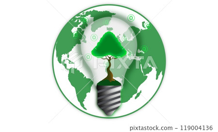 Renewable energy concept Earth Day or environment protection, Green energy innovation light bulb with future industry of power generation icon graphic interface, Preserve the world, renewable energy 119004136