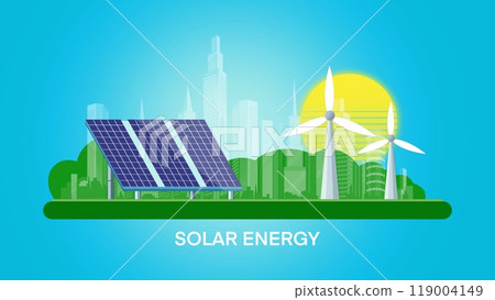 Renewable energy, solar panels and wind turbines generating electricity green energy renewable, clean electric energy from renewable sources sun, wind, solar panels and wind turbines on city skyline Renewable energy, solar panels and wind turbines generating electricity green energy renewable, clean electric energy from renewable sources sun, wind, solar panels and wind turbines on city skyline 119004149