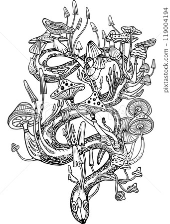 Mystical Mushrooms growing from a snake 119004194
