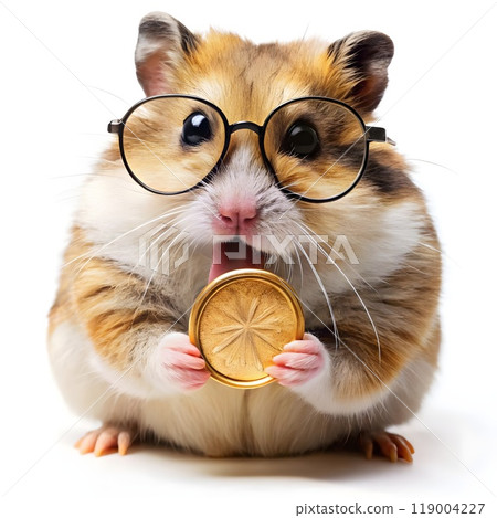 playful hamster holding a sparkling gold coin, isolated on white background 119004227