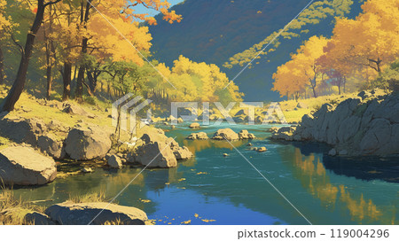 秋季AI影像中流經山脈的河流 秋季AI影像中流經山脈的河流 119004296
