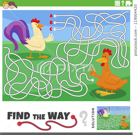 maze activity game with cartoon hen and rooster farm animal characters maze activity game with cartoon hen and rooster farm animal characters 119004420