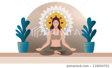 woman sitting in yoga lotus pose, Healthy wellness Asian woman yoga breathing meditating in lotus position, Spirit of the universe, A woman performs yoga and meditate, Meditation, mindfulness 119004701