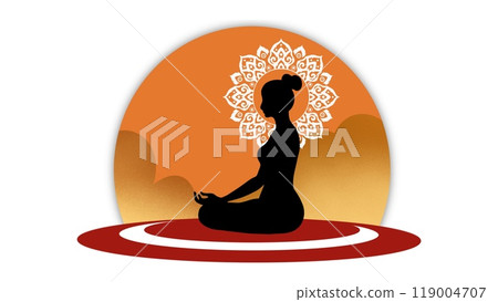 Silhouette of a woman sitting in yoga lotus pose, Healthy wellness Asian woman yoga breathing meditating in lotus position, Spirit of the universe silhouette, A woman performs yoga and meditate Silhouette of a woman sitting in yoga lotus pose, Healthy wellness Asian woman yoga breathing meditating in lotus position, Spirit of the universe silhouette, A woman performs yoga and meditate 119004707