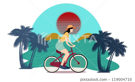 Girl cycling on road animation, cycling character full length, bicycle travel transport,Tourist young woman cycling down the street, Active urban, Cycling by the beach 119004710