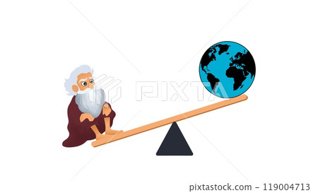 Ancient Greek mathematician Archimedes, lifting the earth globe in challenge concept, The lever is long enough and the center point to place and to move the world 119004713