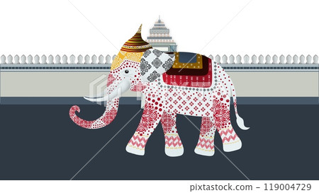 Thai elephant Authentic Thai Fabric Patterns, Thai temple elephant, Decorated Indian elephant in the temple, colorful elephant, thailand landmark, Songkran Festival Thai elephant Authentic Thai Fabric Patterns, Thai temple elephant, Decorated Indian elephant in the temple, colorful elephant, thailand landmark, Songkran Festival 119004729
