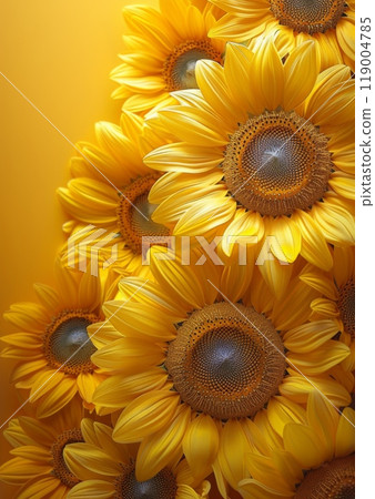 Vibrant sunflower close-up with bright yellow petals and intricate seed patterns. Perfect summer floral image for nature themes, garden aesthetics, and cheerful decor Vibrant sunflower close-up with bright yellow petals and intricate seed patterns. Perfect summer floral image for nature themes, garden aesthetics, and cheerful decor 119004785