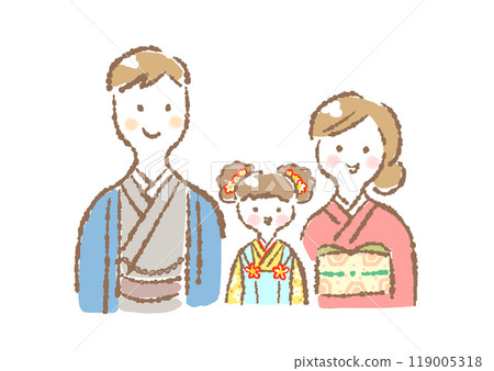 Illustration of three family members wearing kimonos (Shichi-Go-San, 3 years old/New Year) 119005318