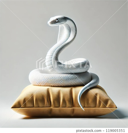 A white snake sitting coiled on a golden cushion A white snake sitting coiled on a golden cushion 119005351