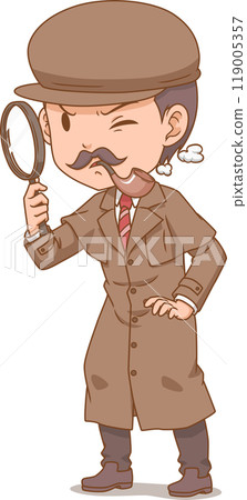 Cartoon character of detective looking through a magnifying glass. 119005357
