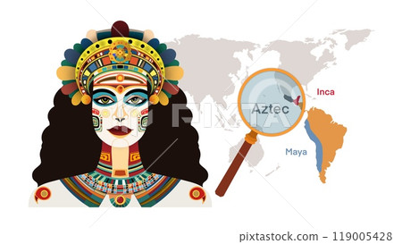 Portrait of a aztec woman warrior, Fashion design art Aztec Maya Inca female face, Ancient Aztec, Inca, Maya, Pre classic Maya Hairstyles, Makeup of ancient people in South America, abstract geometric 119005428