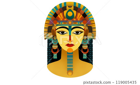 Female pharaoh from ancient Egypt with golden facial paint and traditional Egyptian eye, Amun Ra Egyptian pharaoh god drawing painting art, Horizontal background with Ancient Egyptian Colorful 119005435