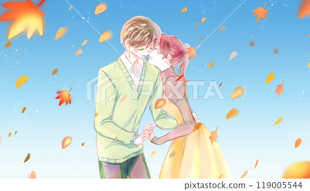 Men and women touching each other amid falling leaves Men and women touching each other amid falling leaves 119005544
