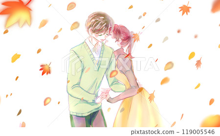 Men and women touching each other amid falling leaves 119005546
