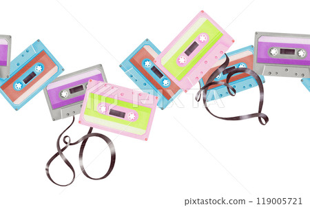 Seamless border from cassette for portable 80's,90's style retro player with tapes in shape 80 and a heart.Watercolor illustration realistic style isolated on white for websites,fabric or theme party 119005721