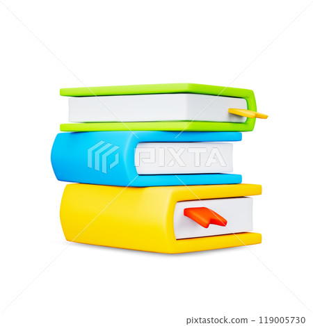 Cute 3d stack of colorful books with bookmark on white backdrop. Bright and modern design element for education, reading, or library-related concepts in web and app. Vector illustration of 3d render. 119005730