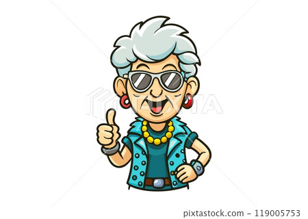 Cool cheerful rejuvenating granny, elderly woman shows thumb Cool cheerful rejuvenating granny, elderly woman shows thumb 119005753