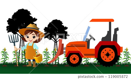 Happy woman gardener in uniform with wheel cart doing outdoor works, Smiling girl gardening planting flowers outside, doing gardening, tractor working, Organic farming, agriculture, gardening 119005872