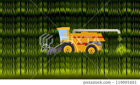 Agricultural rice harvester machine, Tractor working on the rice fields barley farm, agricultural transport, a rice harvester machine in the middle of harvesting paddy fields, Ripe rice harvesting 119005881
