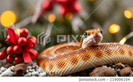 Snake and Christmas tree background. 119006104