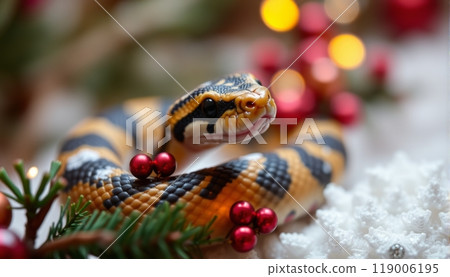 Snake and Christmas tree background. 119006195