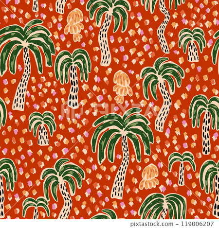 Abstract hand drawn palm tree and safari animal skin seamless pattern. Vector exotic camouflage print, summer wallpaper. 119006207