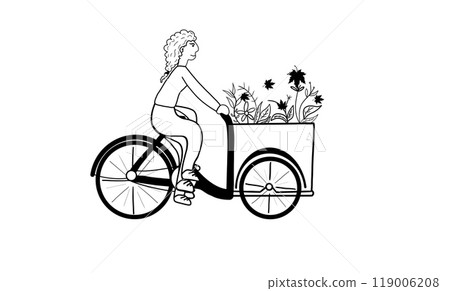 cycling character full length, bicycle travel transport, Looped animation, Woman is riding bicycle, Happy girl riding a bicycle carrying flowers cycling character full length, bicycle travel transport, Looped animation, Woman is riding bicycle, Happy girl riding a bicycle carrying flowers 119006208