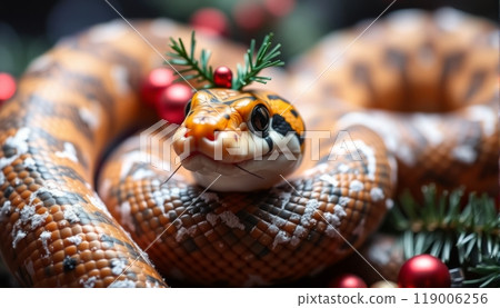 Snake and Christmas tree background. 119006256