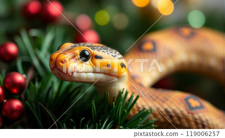 Snake and Christmas tree background. 119006257