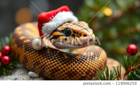 Snake and Christmas tree background. 119006259