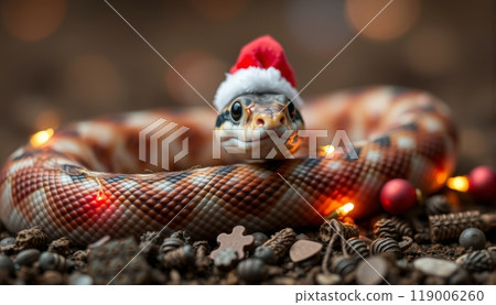 Snake and Christmas tree background. 119006260