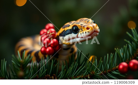 Snake and Christmas tree background. 119006309
