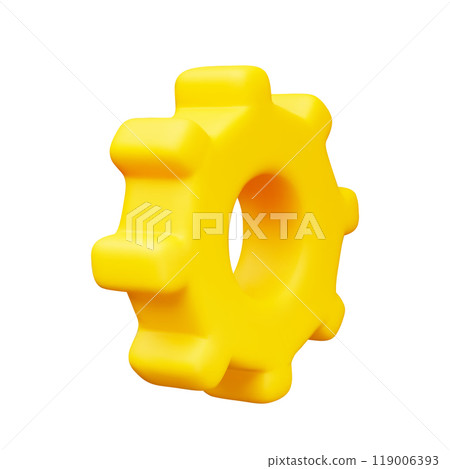 Cute 3d yellow cogwheel isolated on white backdrop. Minimalist and modern gear icon for industrial mechanics or system adjustments in apps or technical environments. Vector illustration of 3d render. 119006393